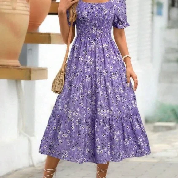 Black Floral Midi Dress with Smocked Bodice - Picture 9 of 9